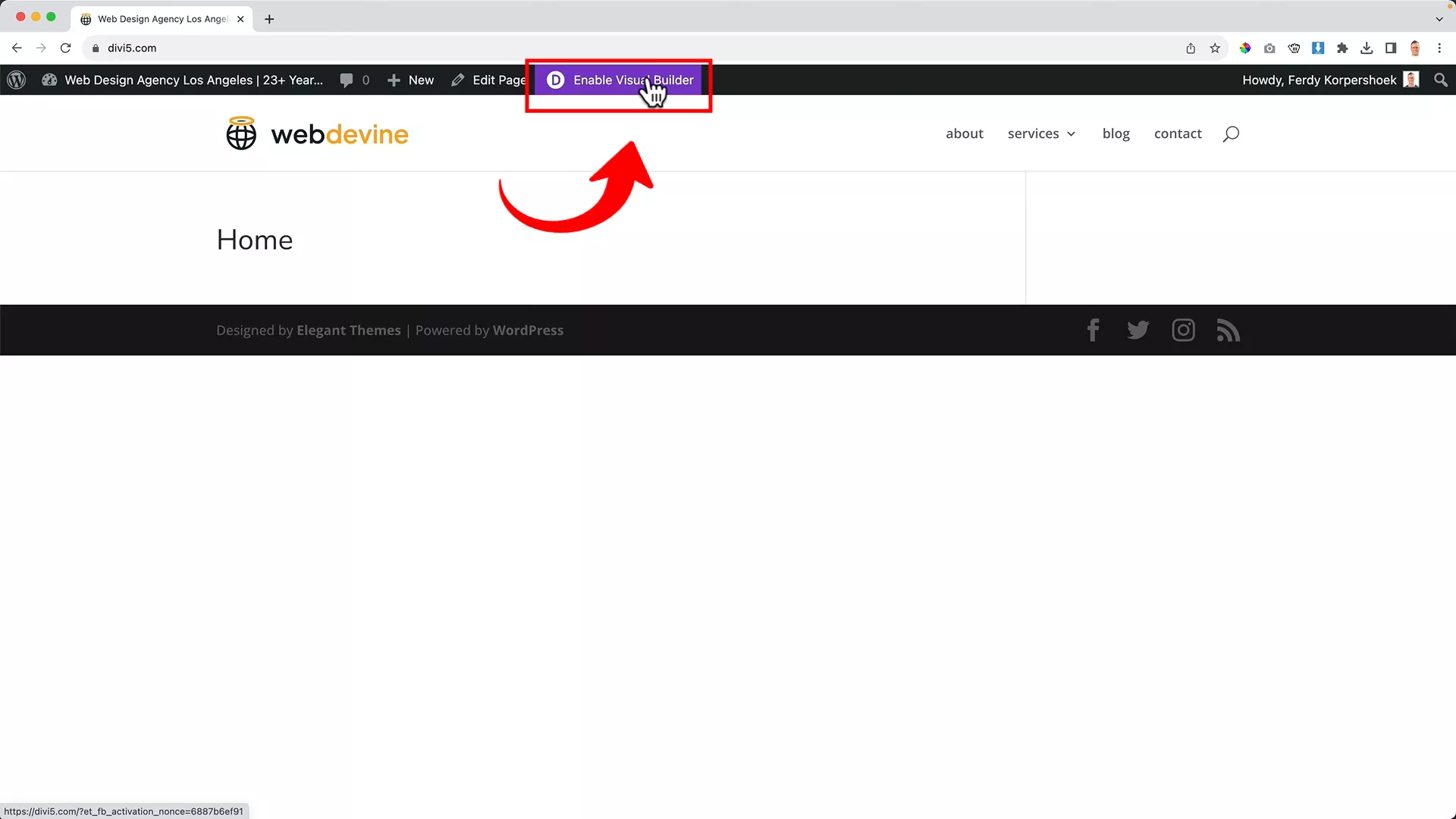 Enable Divi visual builder on WordPress
