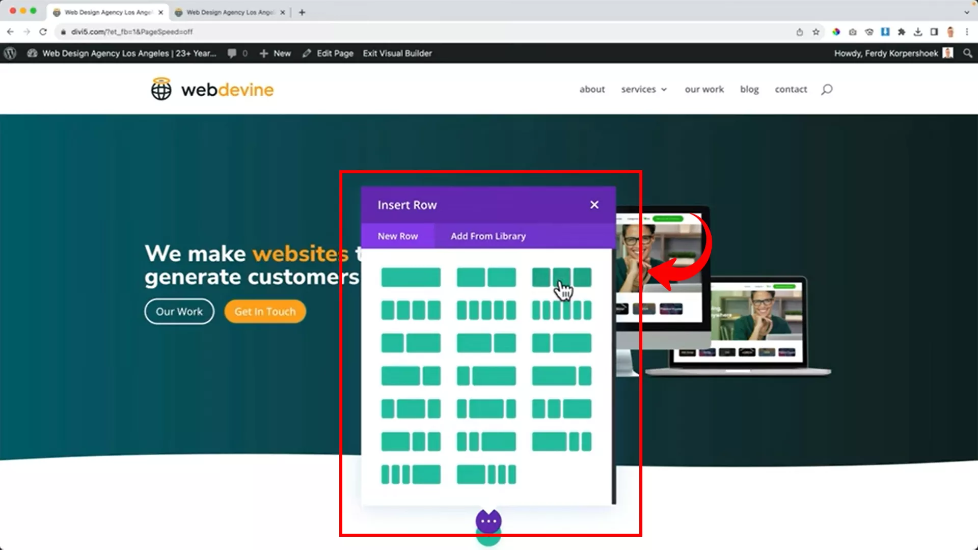 insert a row section iwth three columns on Divi