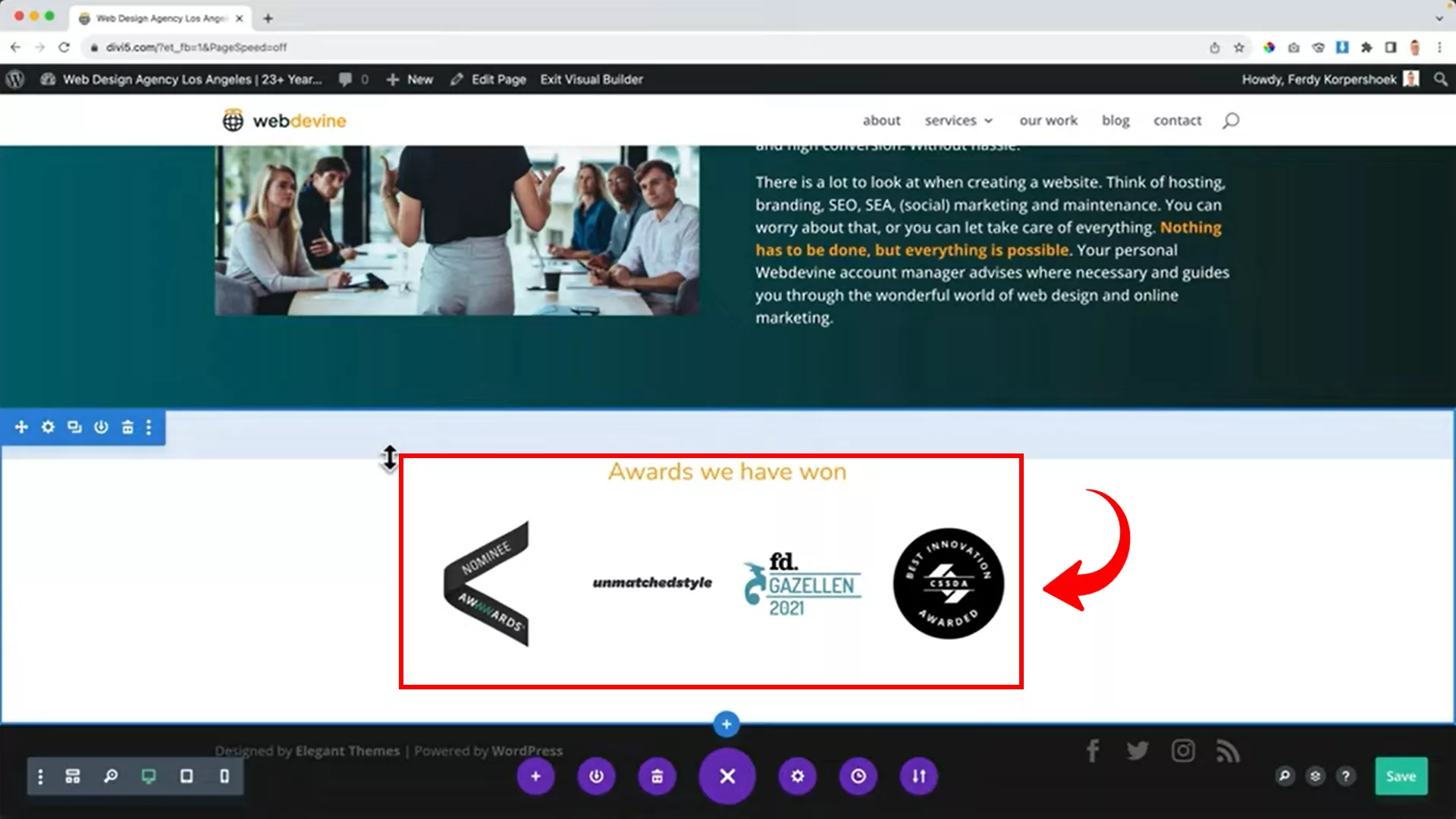 awards section on a WordPress website using Divi