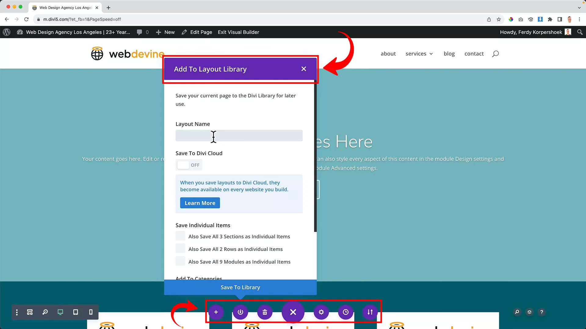 Save a layout on Divi to use further